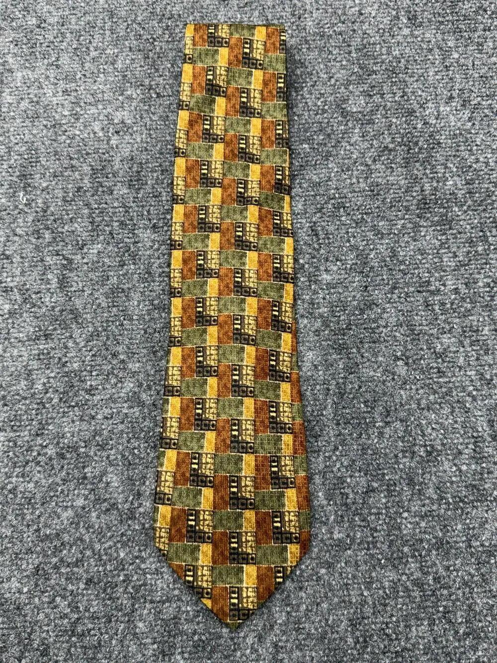 Ermenegildo Zegna Mens Silk Tie Brown Green Gold Geometric Made Italy